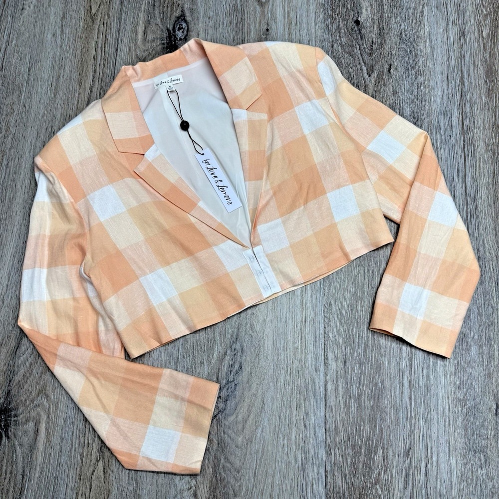 Apricot Plaid Crop Top Blazer Womens M Linen Blend Retro 90s Style NWT